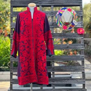 Women's Red Embroidered Long Jacket Coat